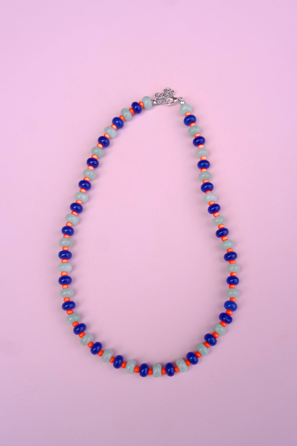 Seafoam, blue & orange beaded necklace
