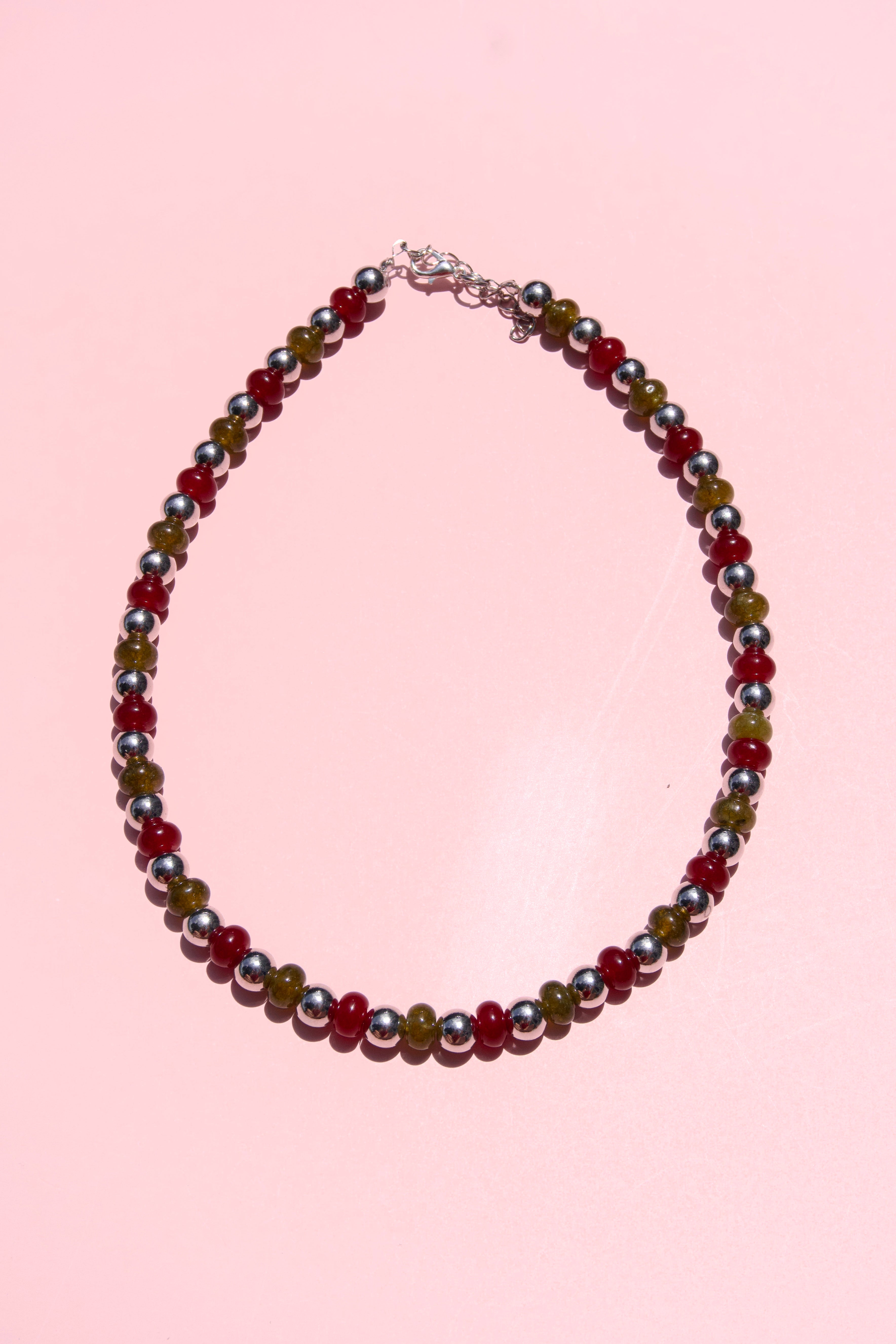 Olive+maroon+silver necklace