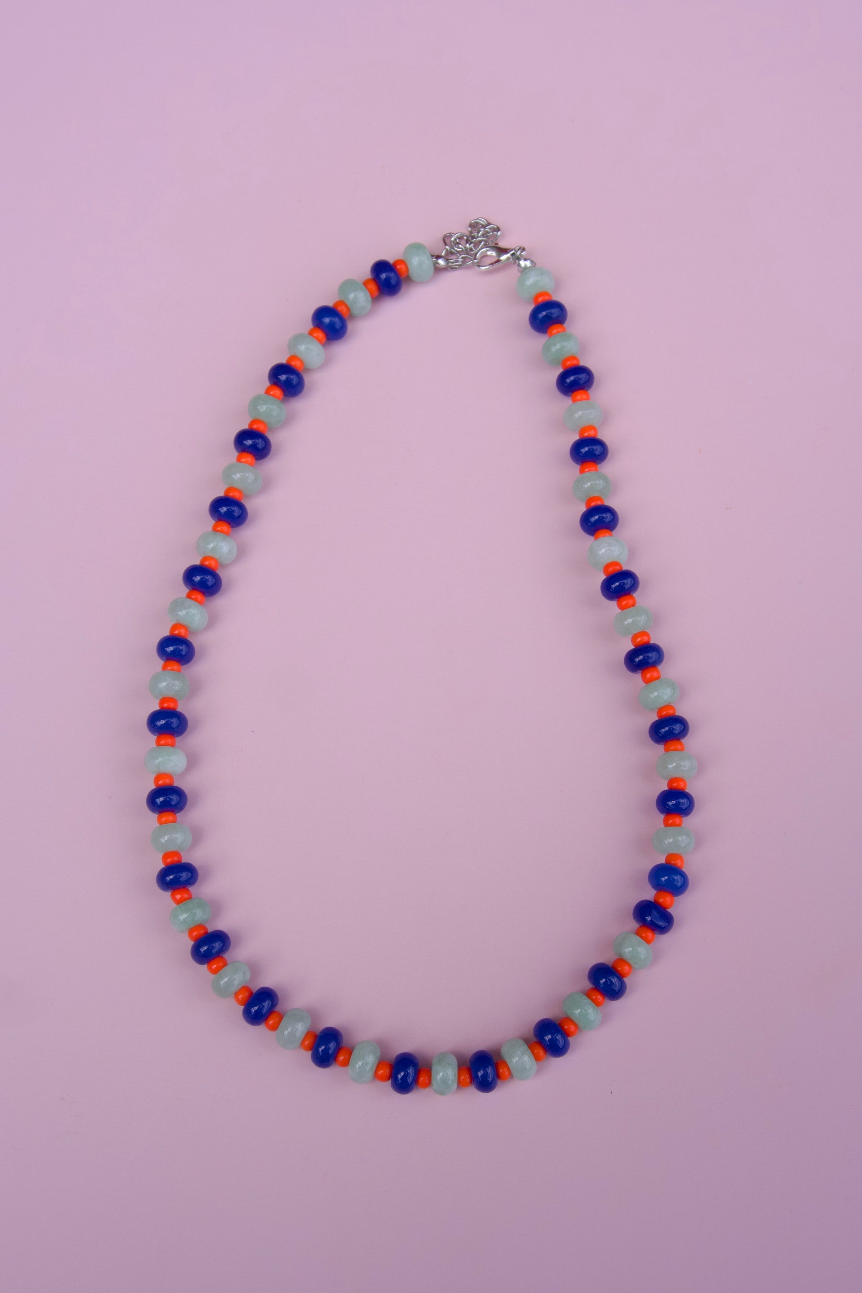 Seafoam, blue & orange beaded necklace