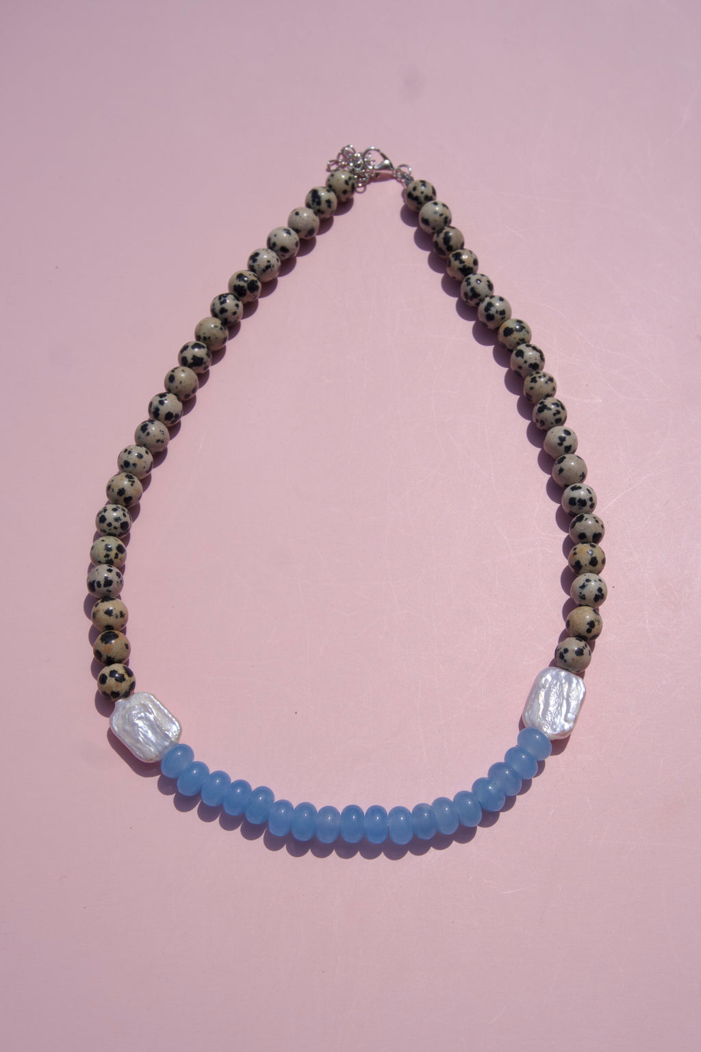 Dalmation Jasper+pearl+blue necklace