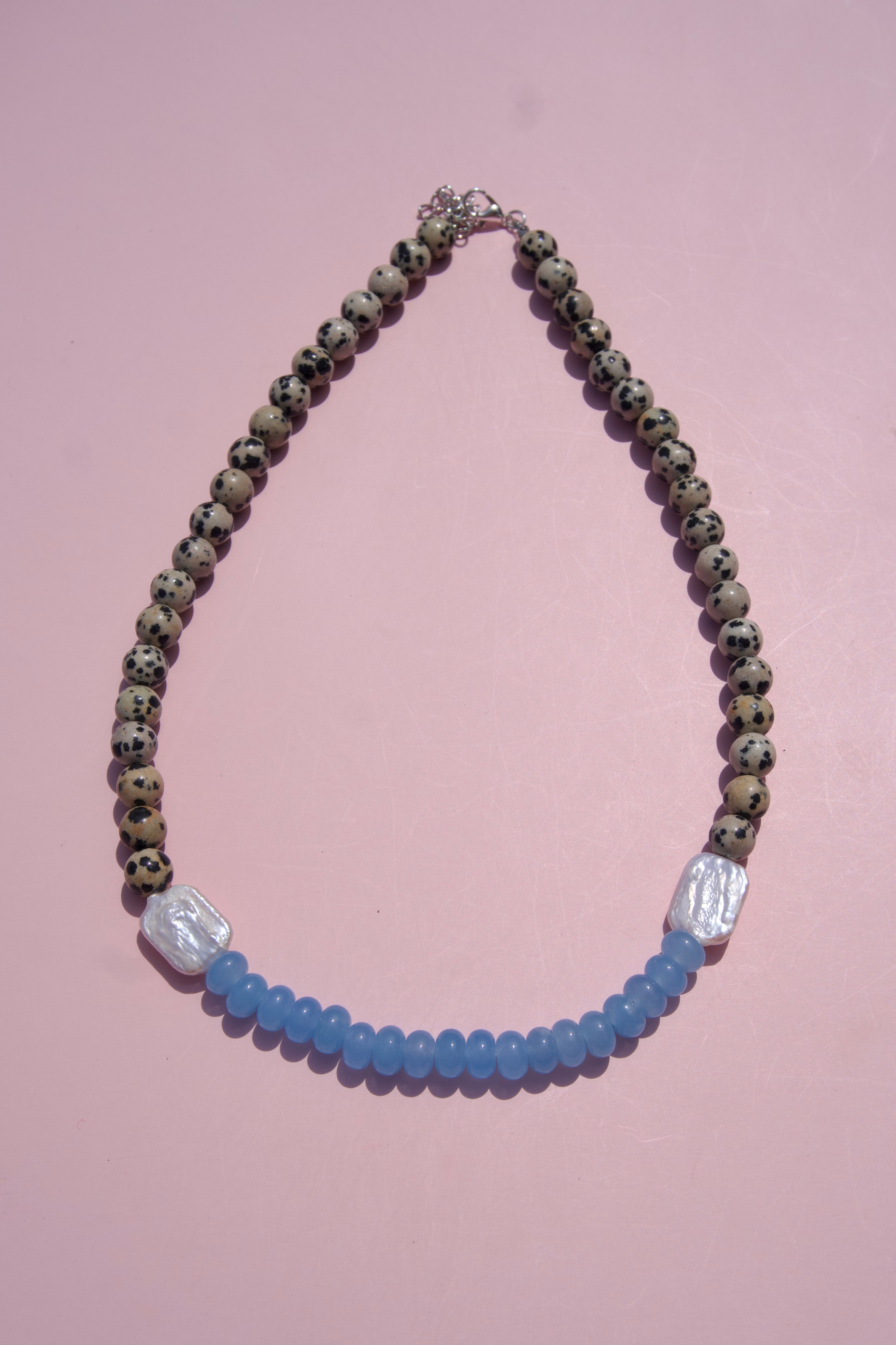 Dalmation Jasper+pearl+blue necklace