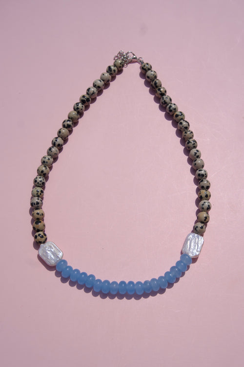 Dalmation Jasper+pearl+blue necklace