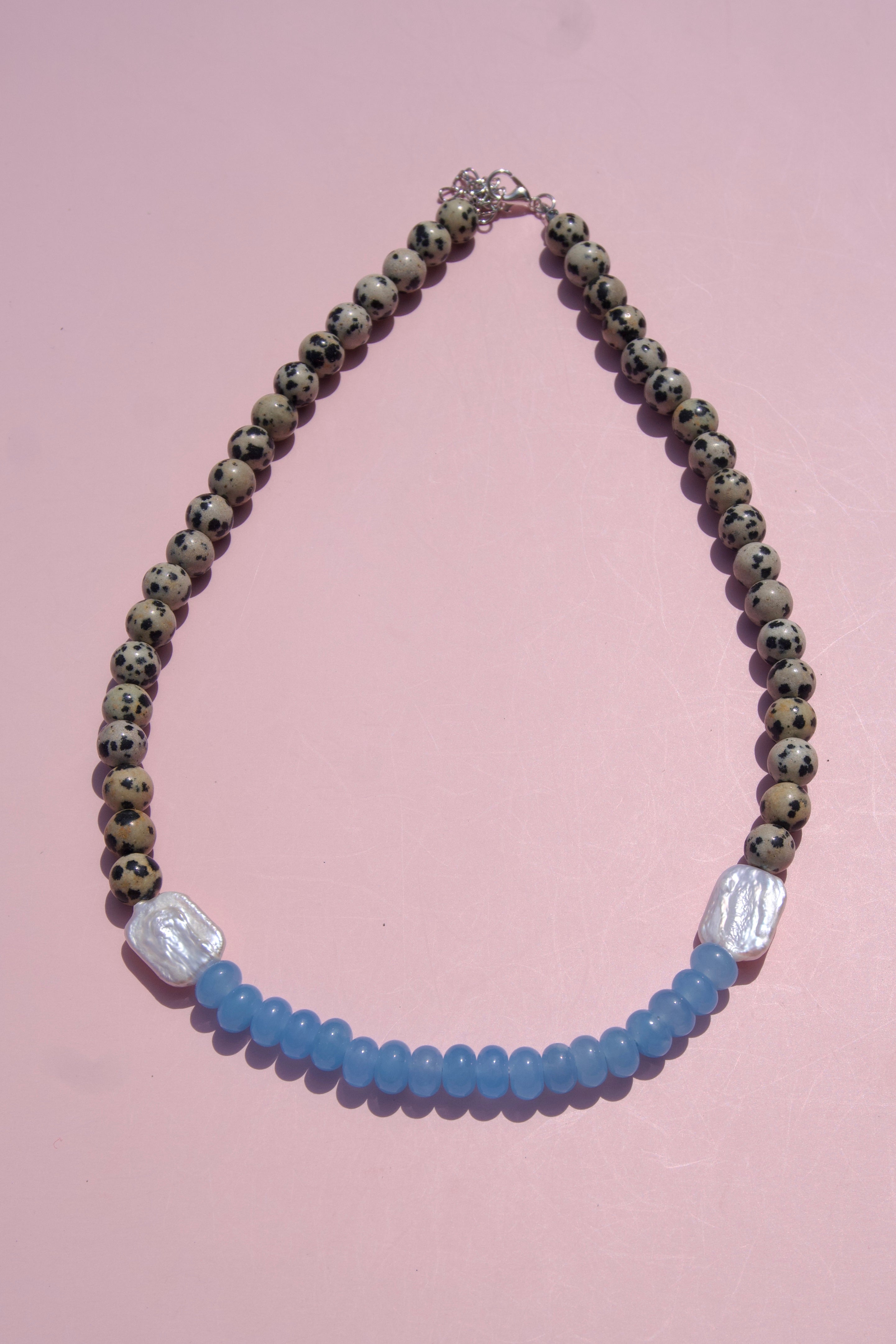 Dalmation Jasper+pearl+blue necklace