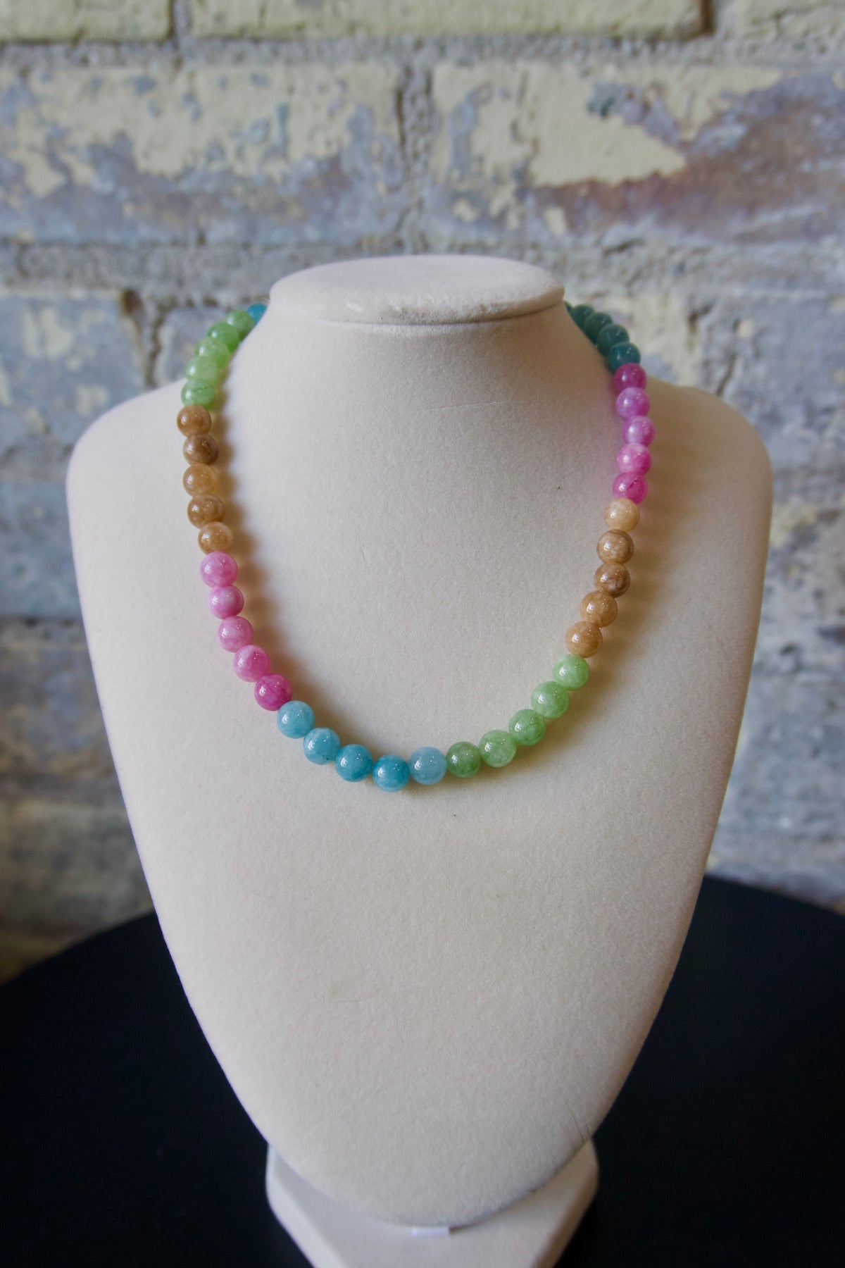 Pink+green+brown & blue gemstone necklace
